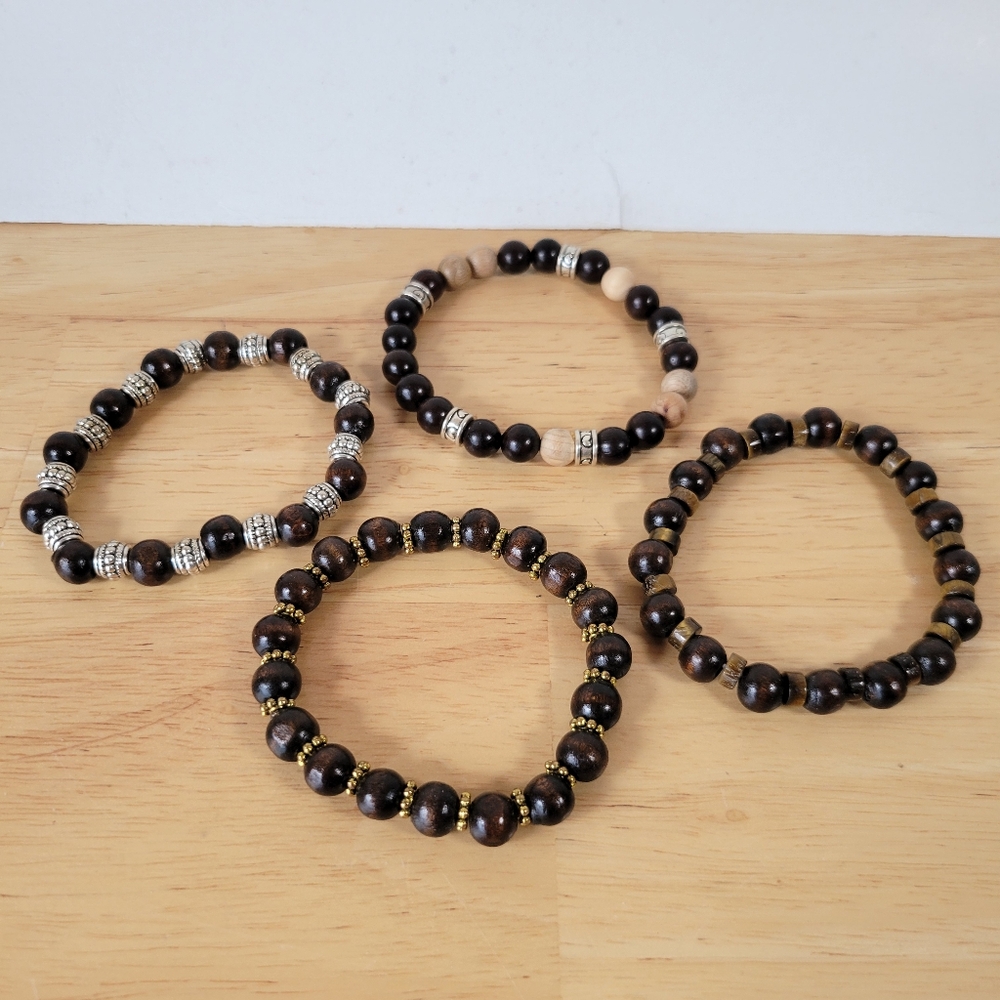 Stretch Bracelets Elegant Black and Brown Beaded 4 Bracelet Set Wood Metal